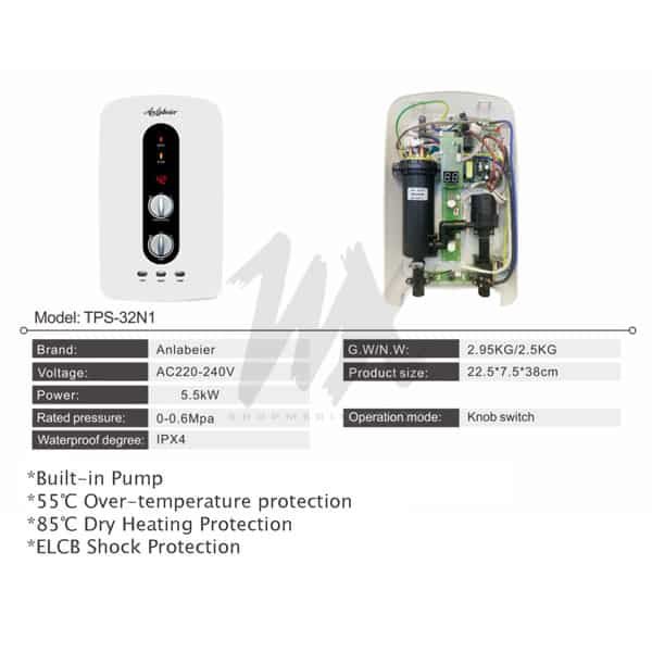 Anlabeier Tankless Heater with Pump Instant Shower + HAND SHOWER - For Extremely Salty Water Anlabeier Tankless Heater with Pump Instant Shower