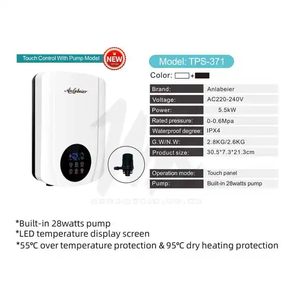 Anlabeier Digital Instant Water Heater with Pump + BLACK RAIN SHOWER SET Anlabeier Instant Shower with Pump Tankless Heater